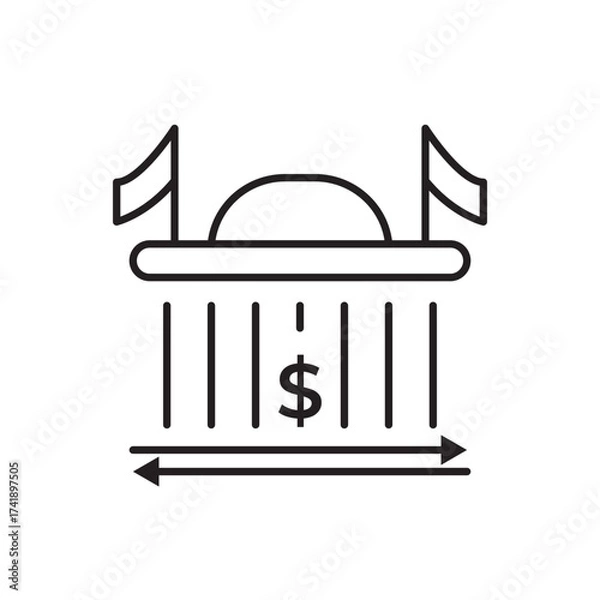 Fototapeta Minimal line icon of a bank building with dollar sign and arrows, symbolizing financial growth, money transfer, and economic stability. Ideal for banking, finance, and investment design themes.