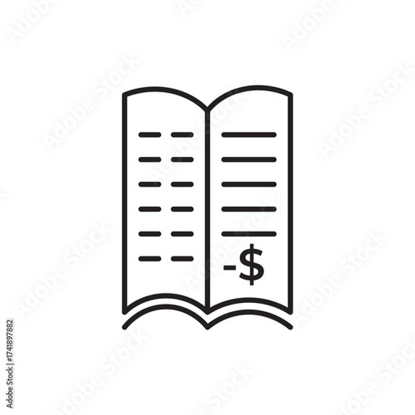 Fototapeta Minimal line icon of an open book with a dollar sign, symbolizing financial education, accounting, business study, and money management. Perfect for finance, school, and learning design themes.
