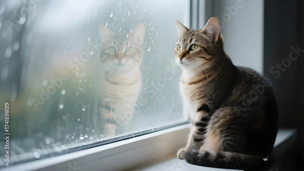 Fototapeta A young, fluffy, white and gray tabby kitten with cute eyes is looking from the window, Cute cat wallpaper