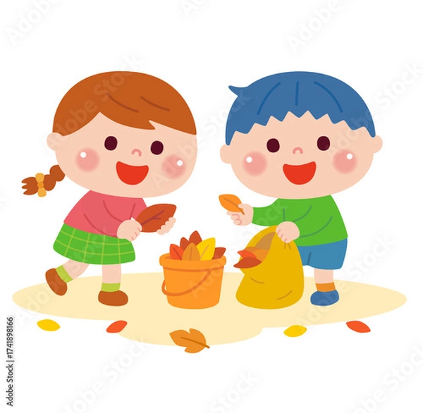 Obraz 落ち葉拾いをする子どもたちのイラスト