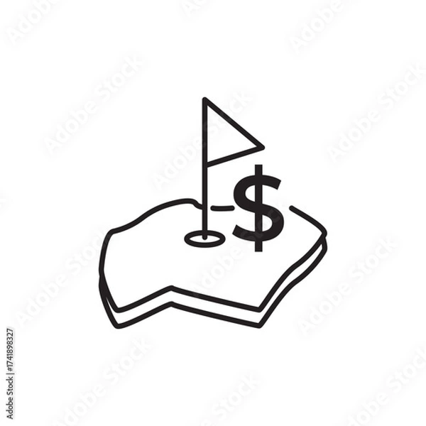 Fototapeta Minimal line icon of a flag on land with a dollar sign, symbolizing financial goal, investment target, savings growth, and business success. Perfect for finance, banking, and economic design projects.