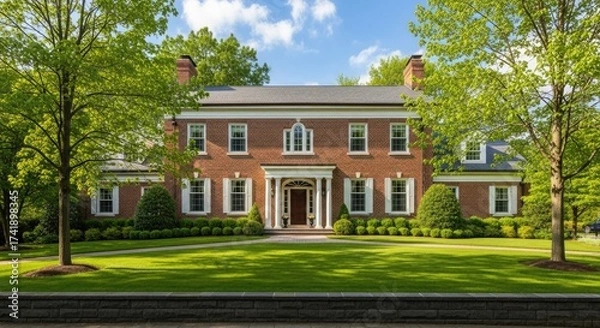 Obraz Luxury brick house real estate architecture home design lawn garden beautiful property residential facade