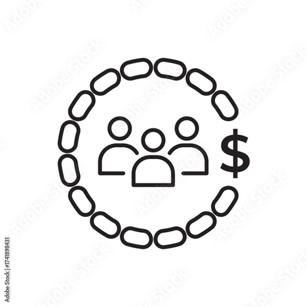 Fototapeta Minimal line icon of people surrounded by a blockchain circle with dollar sign. Ideal for finance, crowdfunding, cryptocurrency, investment, fintech, and digital economy design concepts.