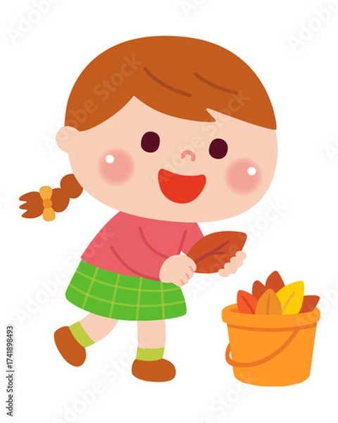 Obraz 落ち葉拾いをする女の子のイラスト