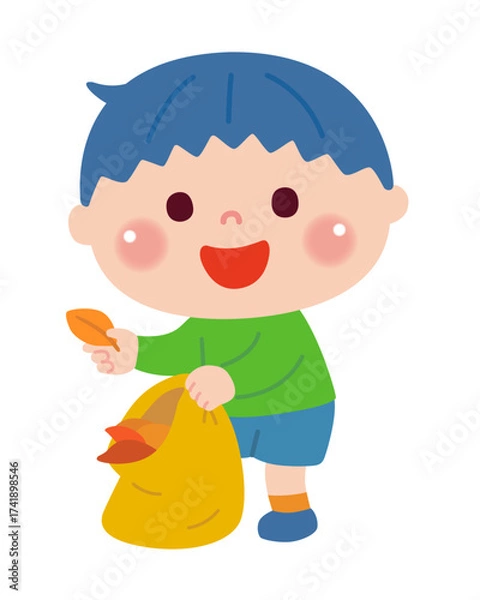 Obraz 落ち葉拾いをする男の子のイラスト
