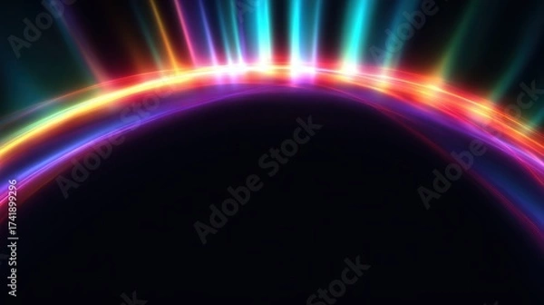 Fototapeta Vivid, colorful, arched light rays burst forth above a dark, void-like space, creating a halo effect