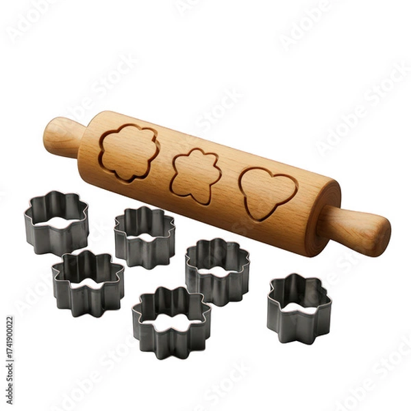Obraz Wooden rolling pin with flower shapes and metal cookie cutters