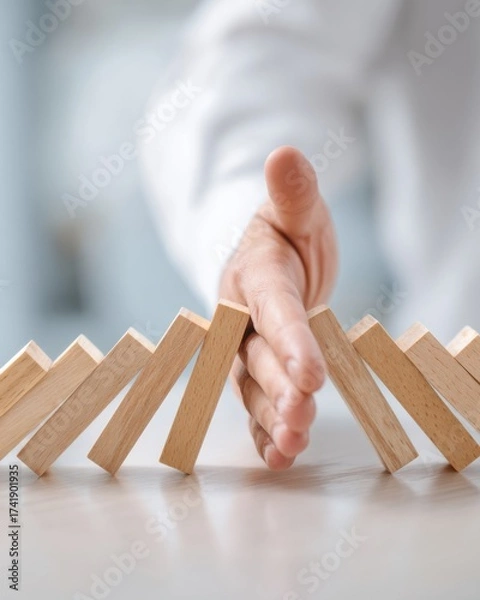 Fototapeta Professional Patient Safety Intervention with Hand Stopping Domino Effect Authentic Risk Management for Modern Healthcare Marketing Campaigns