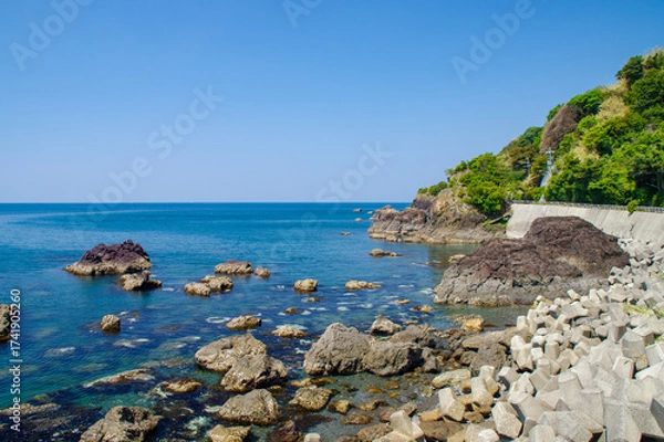 Obraz 和歌山県湯浅町・田海岸の岩礁と青い海の風景