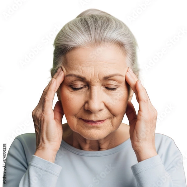 Obraz Senior woman experiencing headache with hands on temples closeup