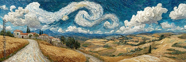 Fototapeta Tuscan Countryside Village with Golden Fields and Rolling Hills Under a Swirling Sky, Oil Painting Style