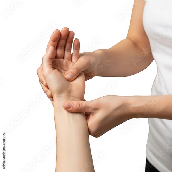 Obraz Therapist examining patient's wrist during physical therapy session