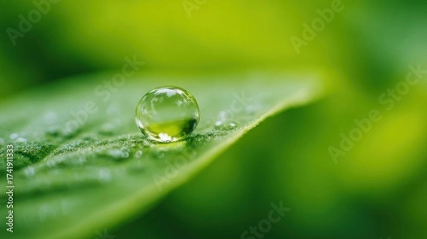 Fototapeta Blurred macro background of water droplet on green leaf, soft natural daylight, fresh and clean feeling, dreamy blur, minimal bright composition with wide blank copy space for text overlay.