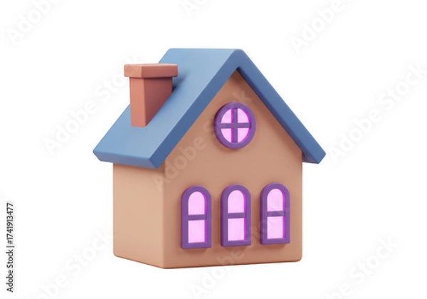 Fototapeta Charming 3d cartoon house model with glowing purple windows and chimney isolated on transparent background