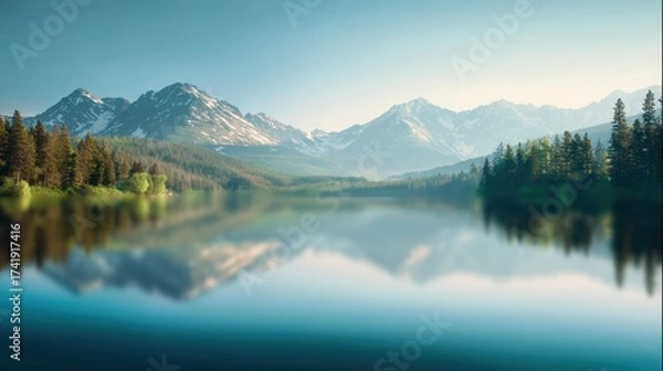 Fototapeta Blurred scenic mountain background, snow-capped peaks, pine forest, calm lake, soft morning light with dreamy haze, smooth gradient blur, wide open sky with copy space for headline text.