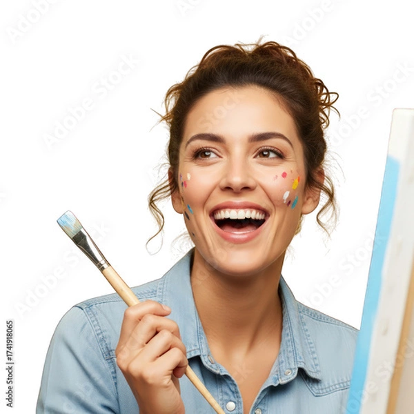 Obraz Smiling woman with paint on her face holding a paintbrush near canvas