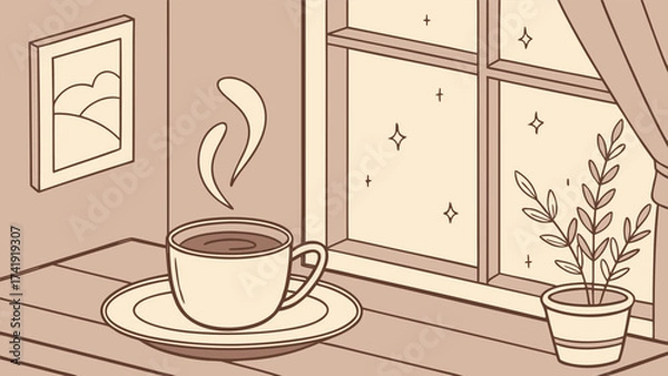 Fototapeta Cozy Home Vibes with a Steaming Latte, Minimalist Line Art Illustration for Coffee and Relaxation.