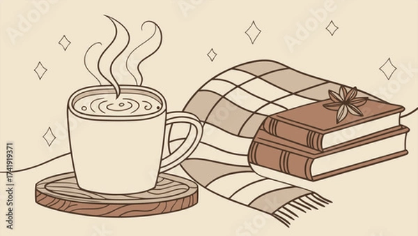 Fototapeta Cozy Home Vibes with a Steaming Latte, Minimalist Line Art Illustration for Coffee and Relaxation.