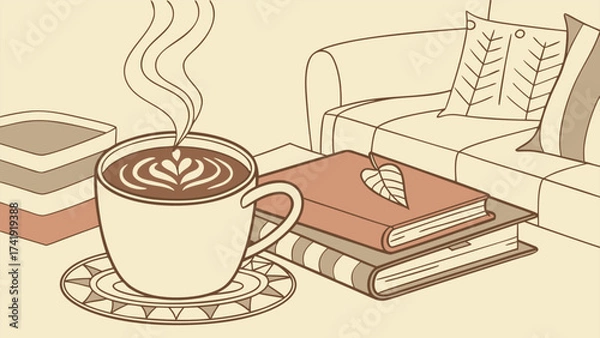 Fototapeta Cozy Home Vibes with a Steaming Latte, Minimalist Line Art Illustration for Coffee and Relaxation.