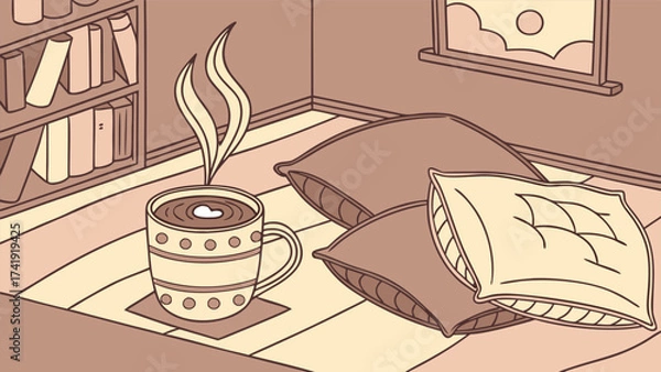 Fototapeta Cozy Home Vibes with a Steaming Latte, Minimalist Line Art Illustration for Coffee and Relaxation.