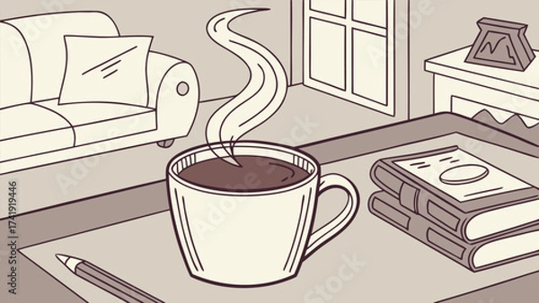 Fototapeta Cozy Home Vibes with a Steaming Latte, Minimalist Line Art Illustration for Coffee and Relaxation.