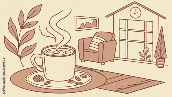 Fototapeta Cozy Home Vibes with a Steaming Latte, Minimalist Line Art Illustration for Coffee and Relaxation.