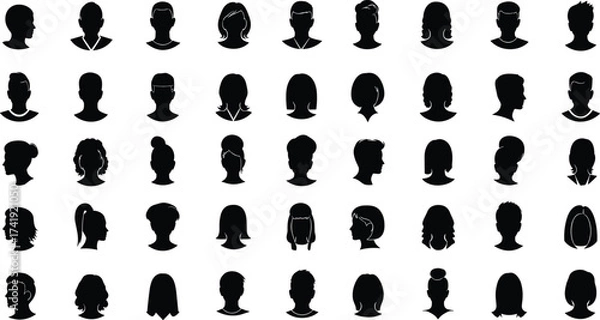 Obraz Black silhouette vector icons of diverse human head profiles with different hairstyles, face shapes, ponytails, buns, short and long hair