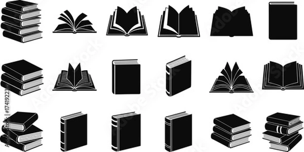 Obraz Black and white book icons set, open and closed books, stacked books, reading symbols, education, literature, publishing, vector illustration