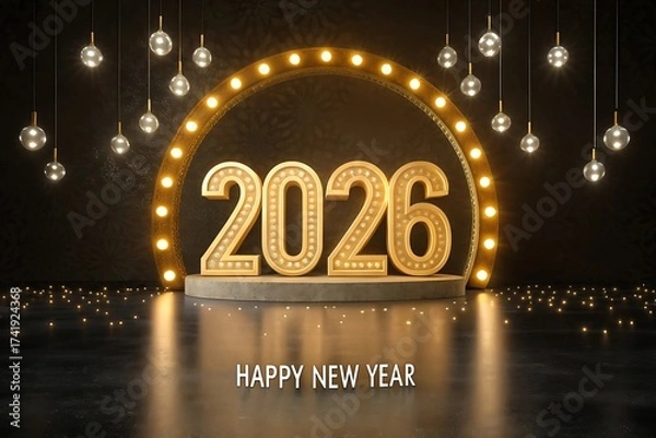 Obraz Happy New Year 2026 Retro Marquee Light Design on Stage Backdrop