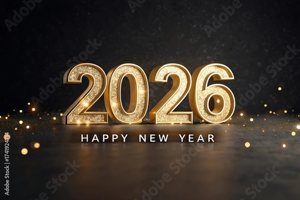 Obraz Happy New Year 2026 Retro Marquee Golden Sign with Glowing Light Bulbs
