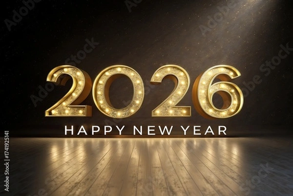 Fototapeta Happy New Year 2026 Retro Marquee Golden Sign with Glowing Light Bulbs