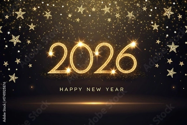 Obraz Happy New Year 2026 Glitter Gold Numbers with Festive Stars and Firework Explosion