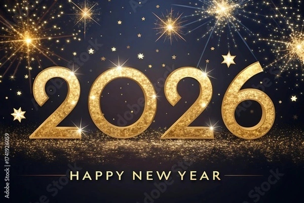 Obraz Happy New Year 2026 Glitter Gold Numbers with Festive Stars and Firework Explosion