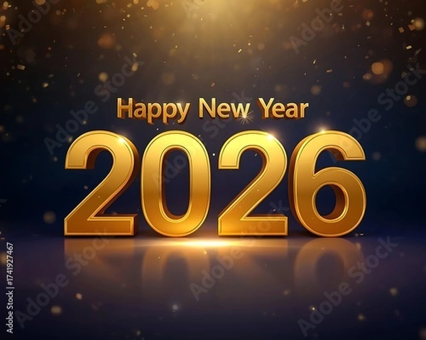 Fototapeta Happy New Year 2026 Golden 3D Text on Dark Blue Reflective Background