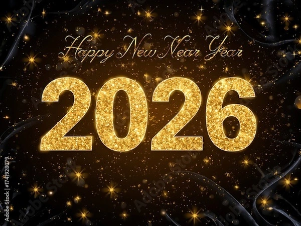 Fototapeta Happy New Year 2026 Glitter Gold 3D Text on Black Ornate Background