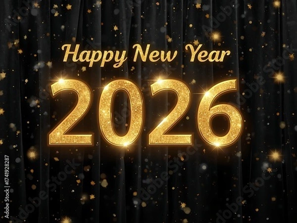 Obraz Happy New Year 2026 Glitter Gold 3D Text on Black Ornate Background