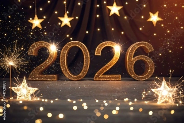Fototapeta Happy New Year 2026 Glitter Text with Sparklers, Stars, and Stage Curtain Background