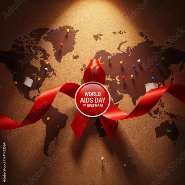 Fototapeta World AIDS Day Commemoration Ribbon and World Map