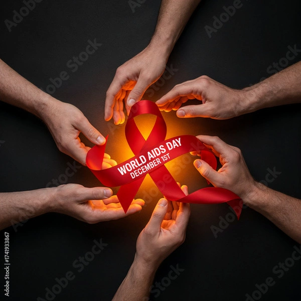 Fototapeta Hands supporting World AIDS Day ribbon on black surface