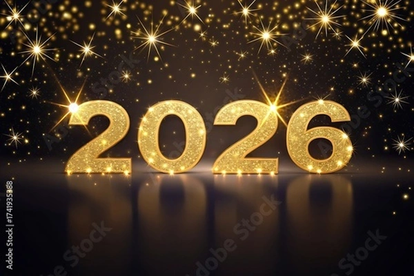 Fototapeta Happy New Year 2026 Gold Glitter Text with Sparkling Stars on Dark Background
