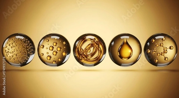 Fototapeta Five golden liquid spheres showing progressive oil drop concentration and molecular structure transformation, illustrating cosmetic serum ingredients, skincare technology, and chemical composition
