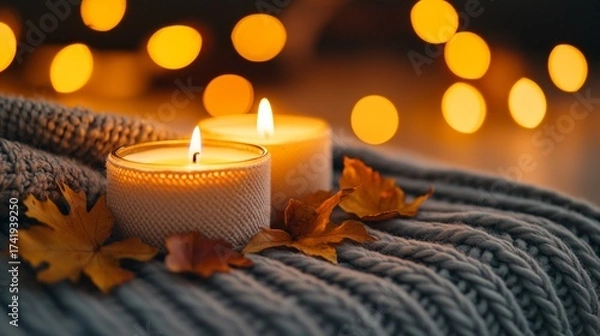 Fototapeta cozy home lifestyle niche Cozy Autumn Scene with Lit Candles on Warm Knitted Blanket warm ambiance daily routine comfortable aesthetic for ads