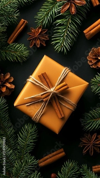 Fototapeta high demand stock niche Festive Gift Box Wrapped with Cinnamon and Pine Branches on Dark Background commercial friendly composition copyspace ready