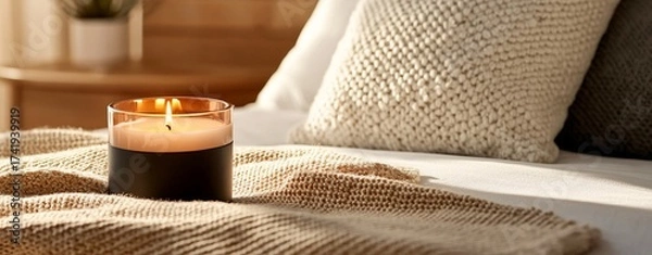 Fototapeta high demand stock niche Cozy Candlelit Scene with Knitted Textures in a Tranquil Bedroom Setting commercial friendly composition copyspace ready