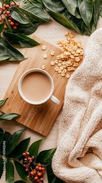 Fototapeta high demand stock niche Cozy Autumn Scene with Coffee, Oats, and Knitted Blanket commercial friendly composition copyspace ready