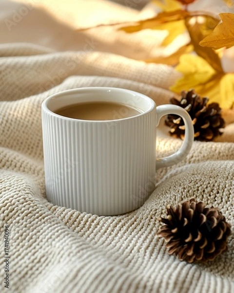 Fototapeta cozy home lifestyle niche Cozy Autumn Scene with Coffee Mug on Knit Blanket and Pine Cones warm ambiance daily routine comfortable aesthetic for ads