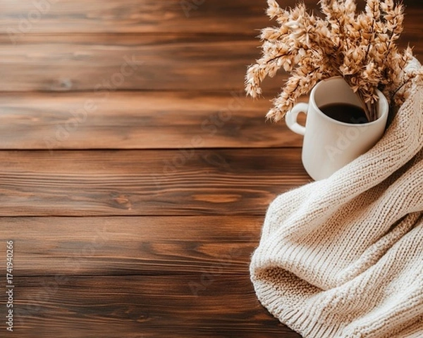 Fototapeta cozy home lifestyle niche Cozy Autumn Coffee Scene with Rustic Decor on Wooden Table warm ambiance daily routine comfortable aesthetic for ads