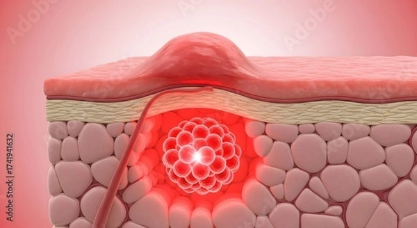 Fototapeta Microscopic skin cross-section showing acne formation with an inflamed pimple and bacterial buildup in the follicle