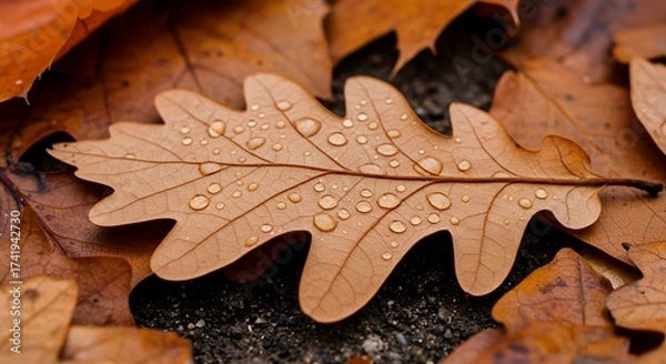 Fototapeta A beautiful macro image of a fallen brown leaf with rain or dew drops, capturing the essence of late autumn nature