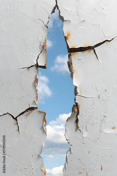 Fototapeta Cracked wall revealing bright blue sky and white clouds through a jagged opening, symbolizing hope, freedom, opportunity, and breakthrough concept with strong contrast between decay and renewal.